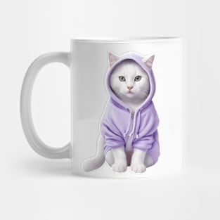 White British shorthair cat wearing purple hoodie Mug